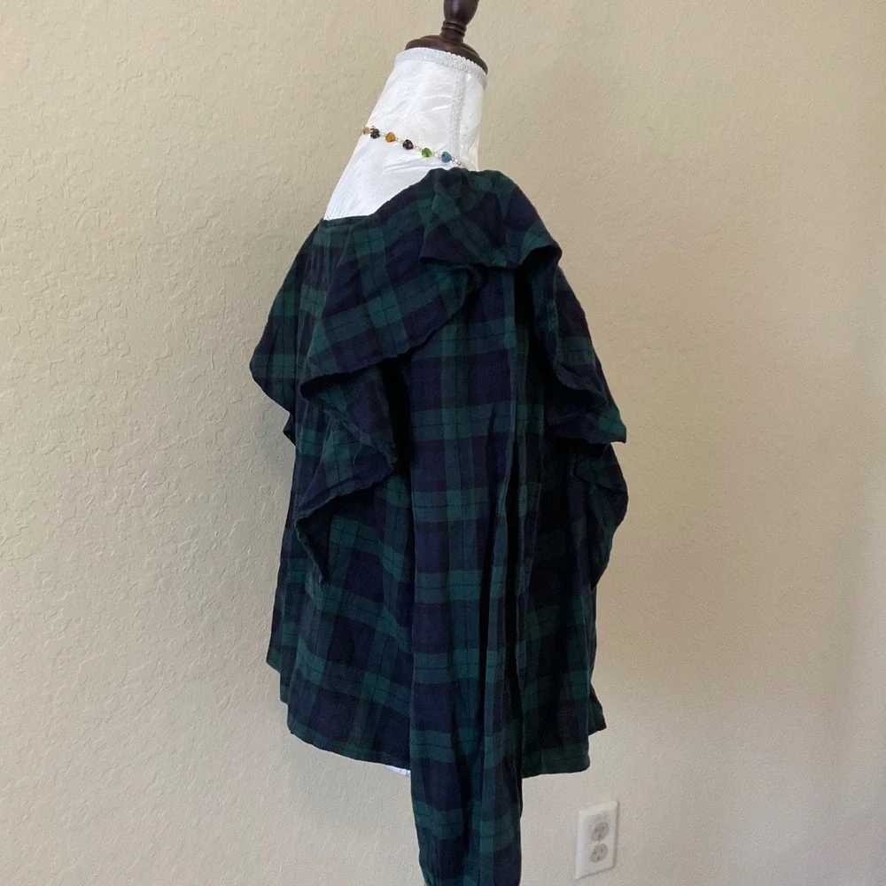 NWT J.Crew Womens XL Black Watch Plaid Ruffle Top Green Navy Square Neck Blouse